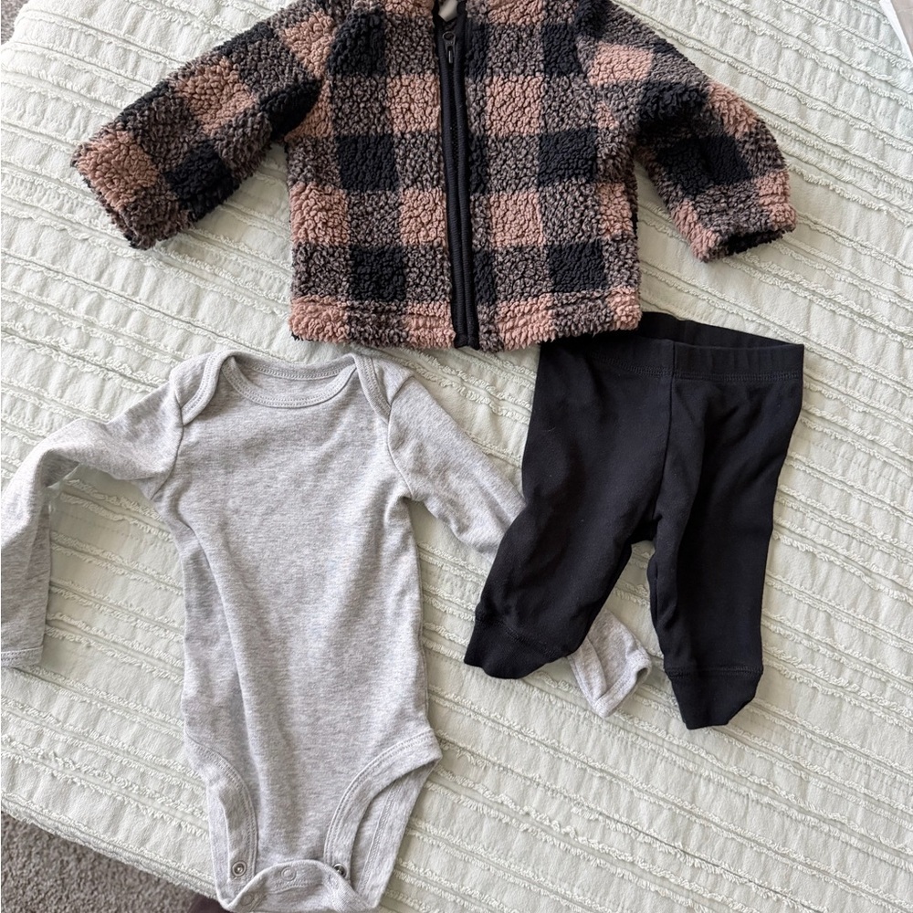 Carters Check Teddy Sherpa Jacket, Gray Onesie & Black Pants Set
